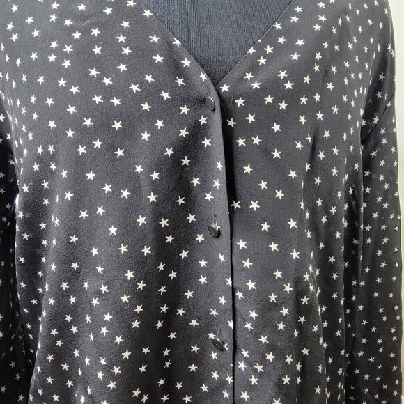 Madewell 100% Silk Star Print Blouse M Black White | Tie Sleeve, Button Front - Picture 8 of 16